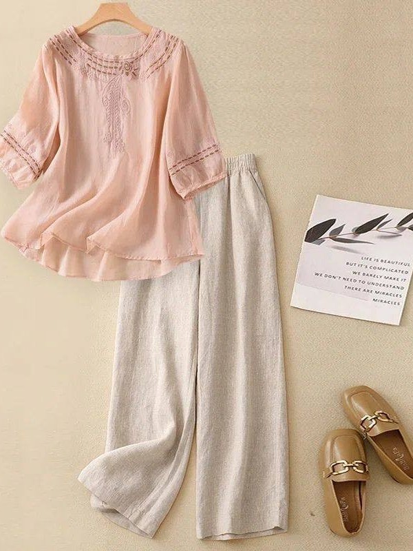 Linen Pant Wide - طقم قطن وكتان فاخر للنساء، قميص