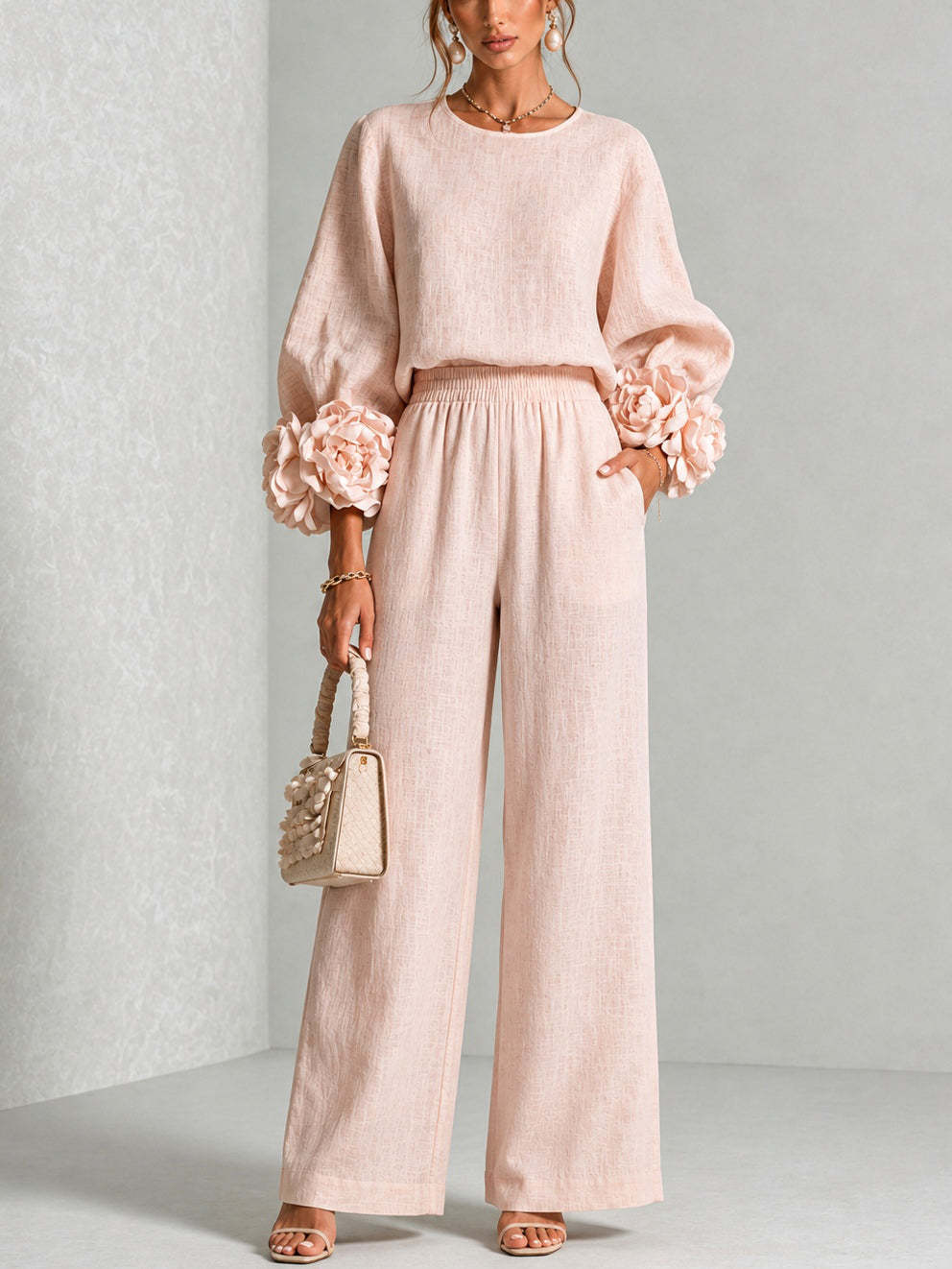 Linen Pant Wide - طقم نسائي من قطعتين من الكتان،