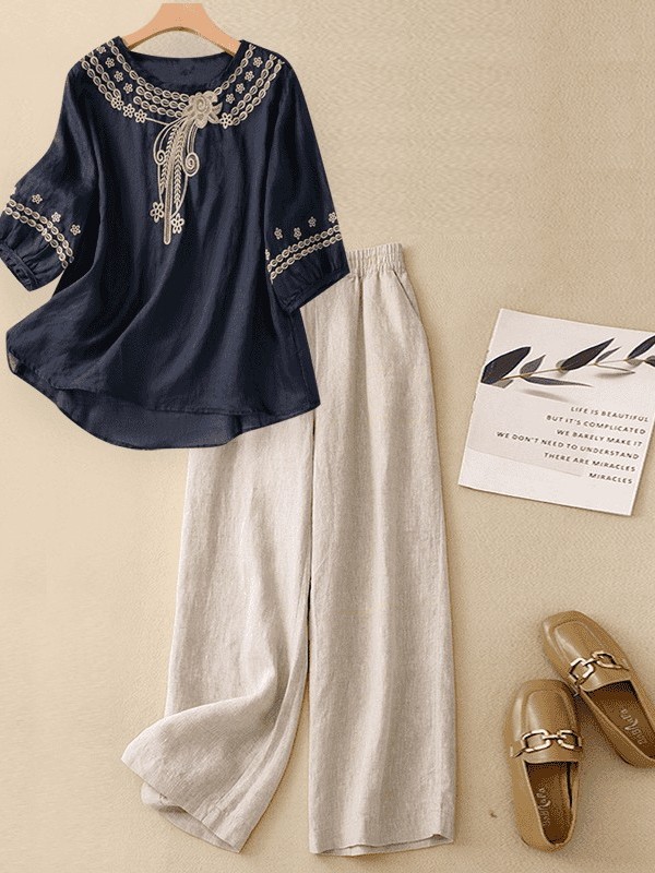 طقم قطن وكتان فاخر للنساء، قمي - مراجعة Linen Pant Wide وسعره