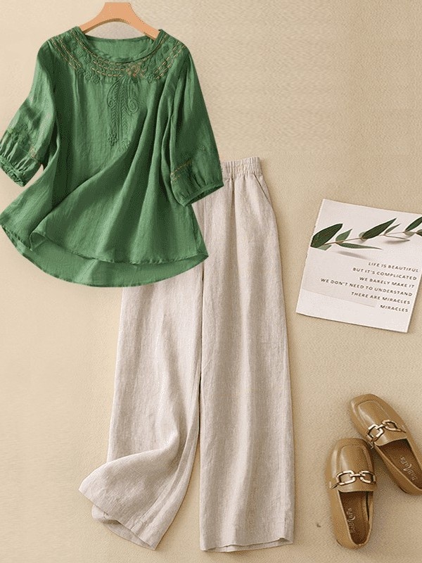 طقم قطن وكتان فاخر للنساء، قمي - مراجعة Linen Pant Wide وسعره