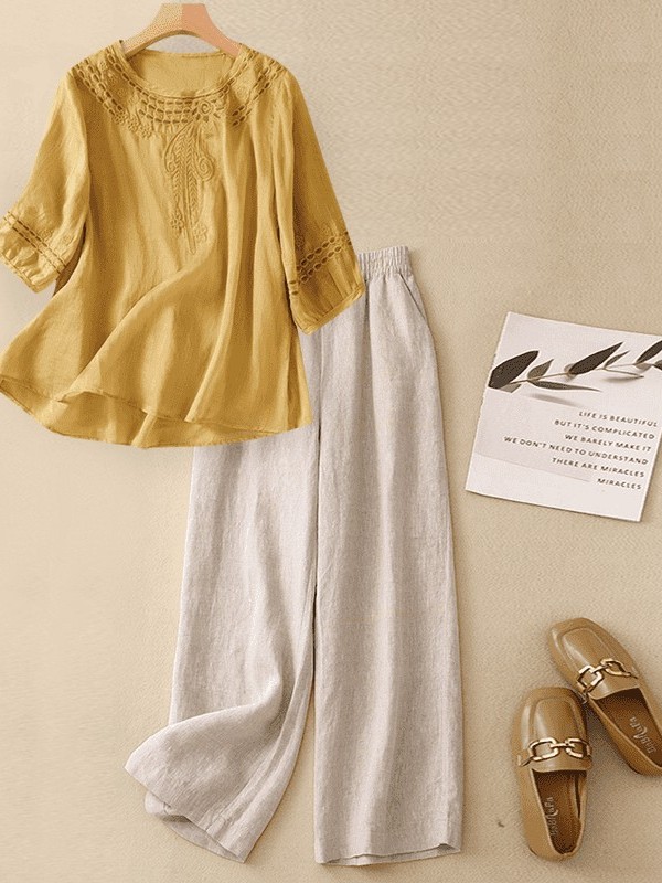 طقم قطن وكتان فاخر للنساء، قمي - مراجعة Linen Pant Wide وسعره
