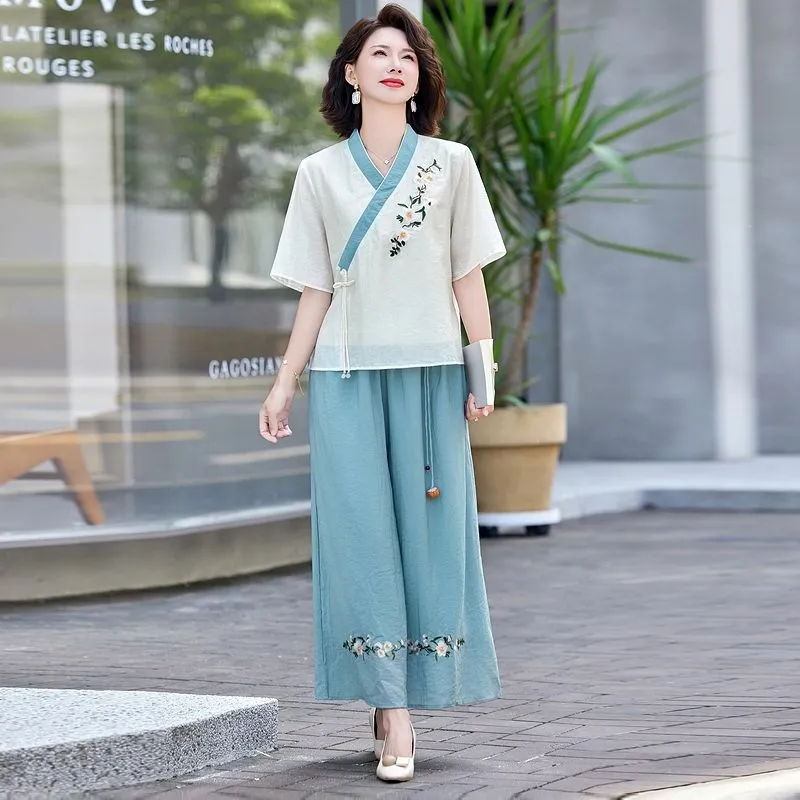 طقم نسائي صيفي جديد من قطعتين  - مراجعة Linen Pant Wide وسعره