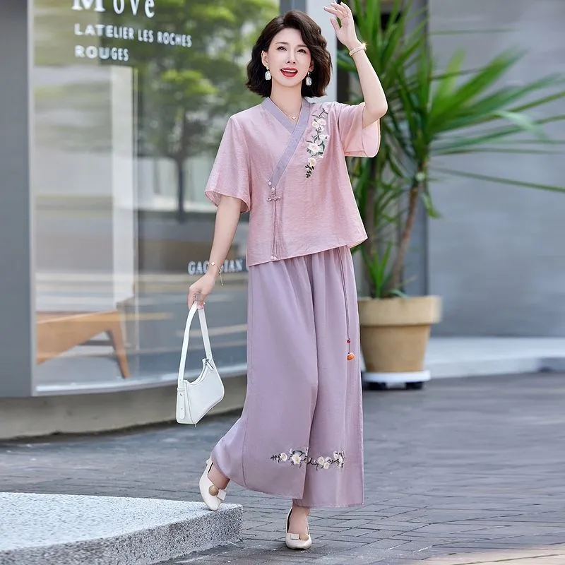 طقم نسائي صيفي جديد من قطعتين  - مراجعة Linen Pant Wide وسعره